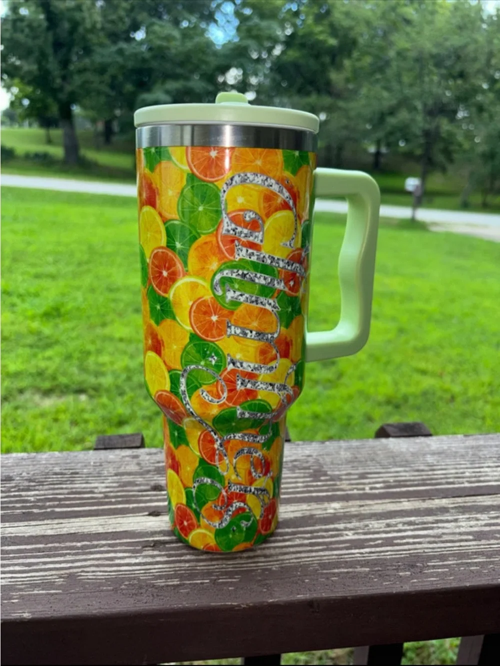 Green Citrus Pattern Travel Tumbler with Handle